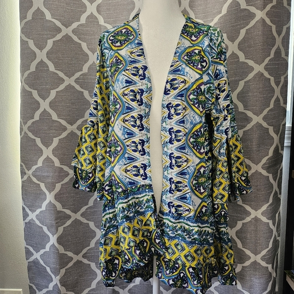Tolani Collection Kimono Topper Blue Yellow Boho Ruffle Bell Sleeve Size Small - Picture 1 of 13